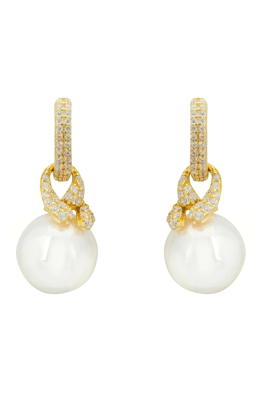 Gold drop pearl earrings with crystal pavé knot links