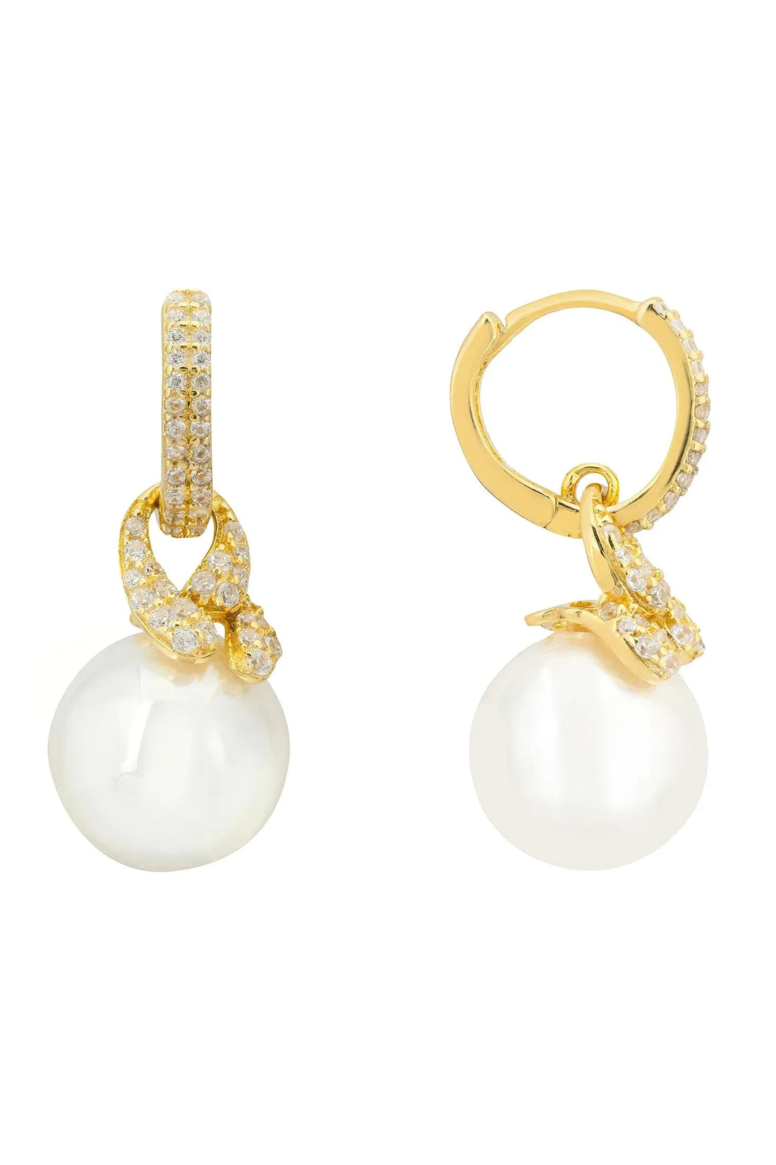 Gold knot drop earrings with pearl and pavé detail