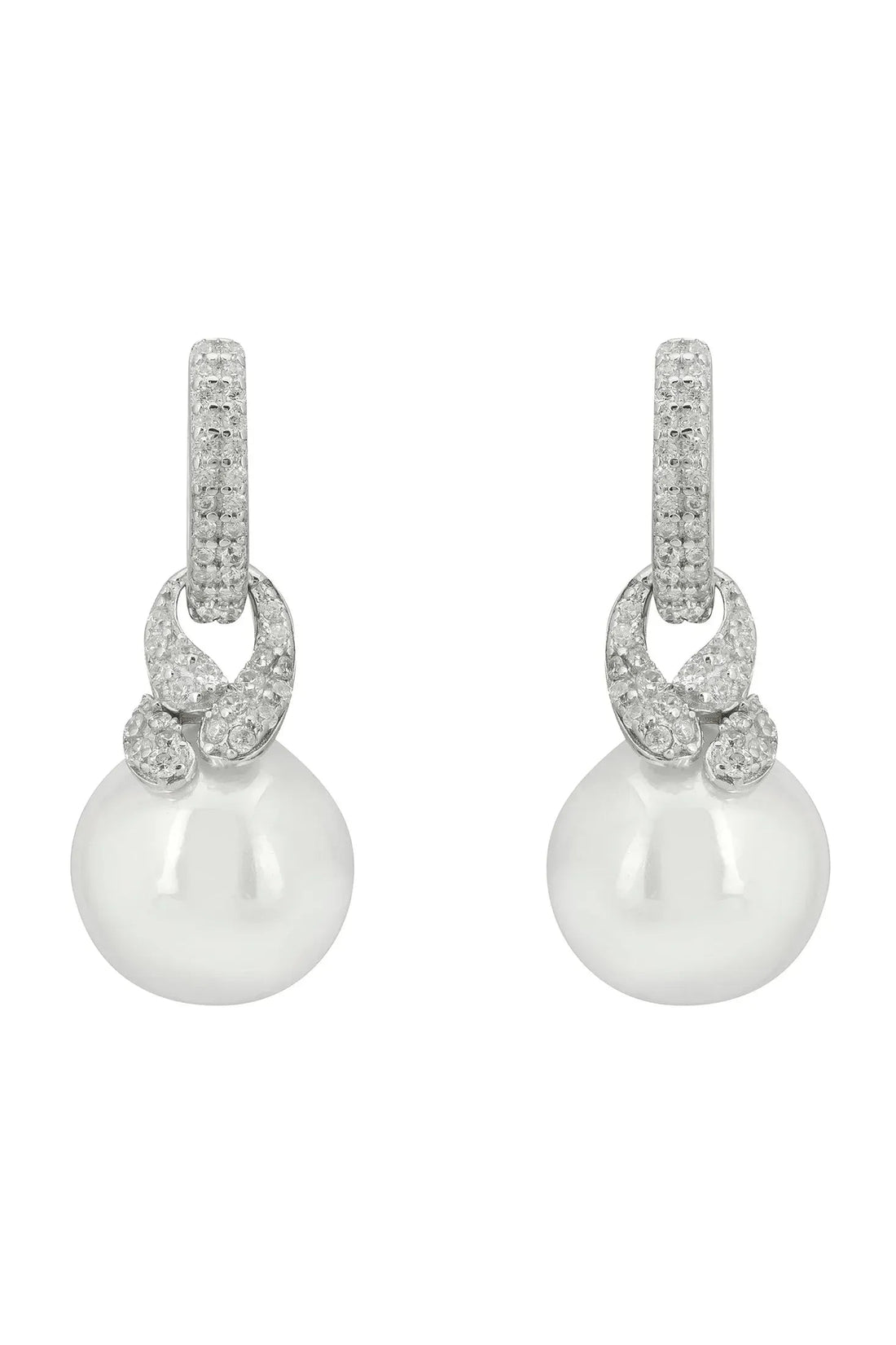 Silver-tone drop pearl earrings with sparkling dangle accents
