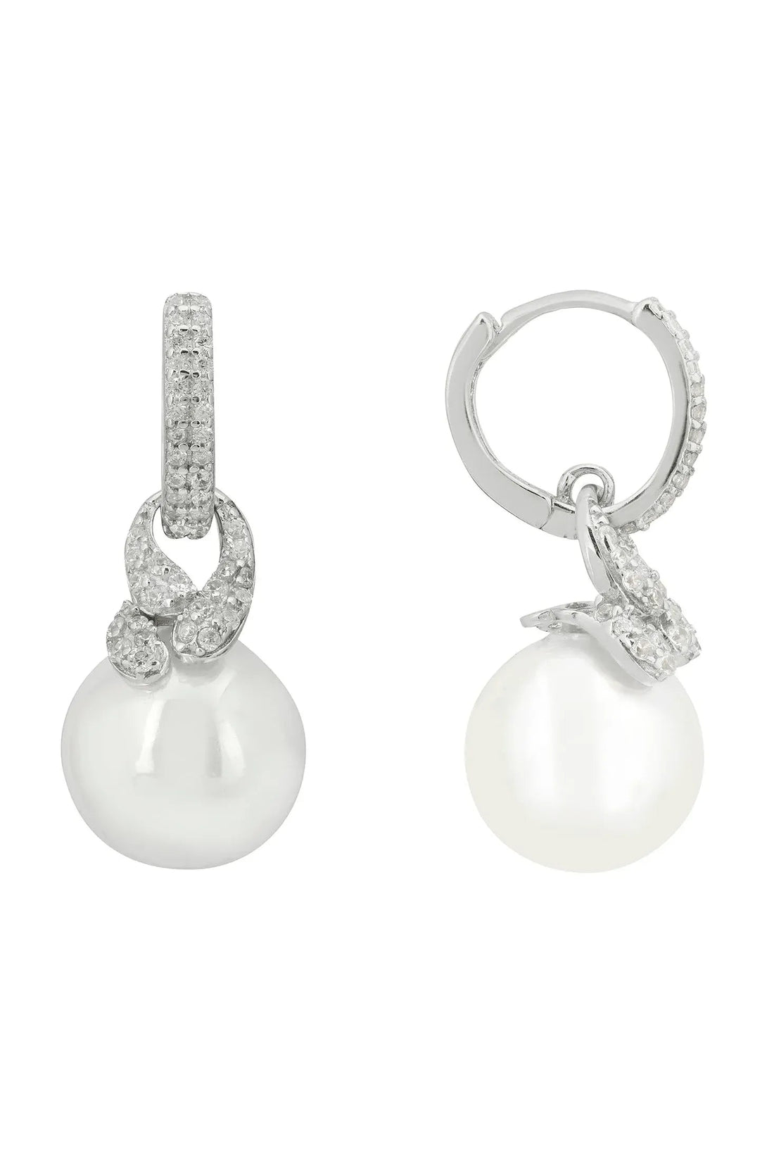 Silver-tone drop pearl earrings with hinged hoop and pearl drop