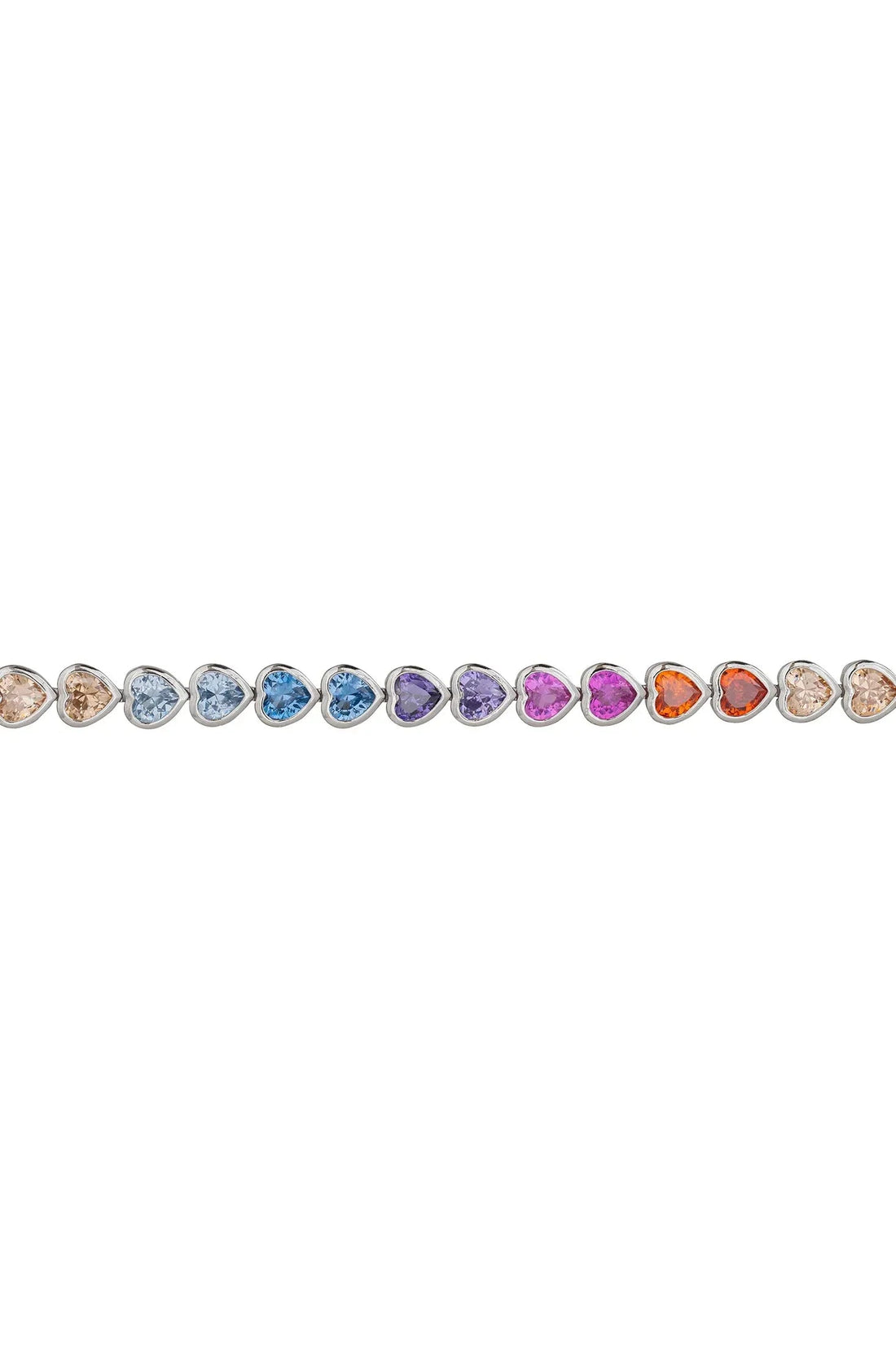 Multicolored heart tennis bracelet with blue, pink, and orange gemstone links
