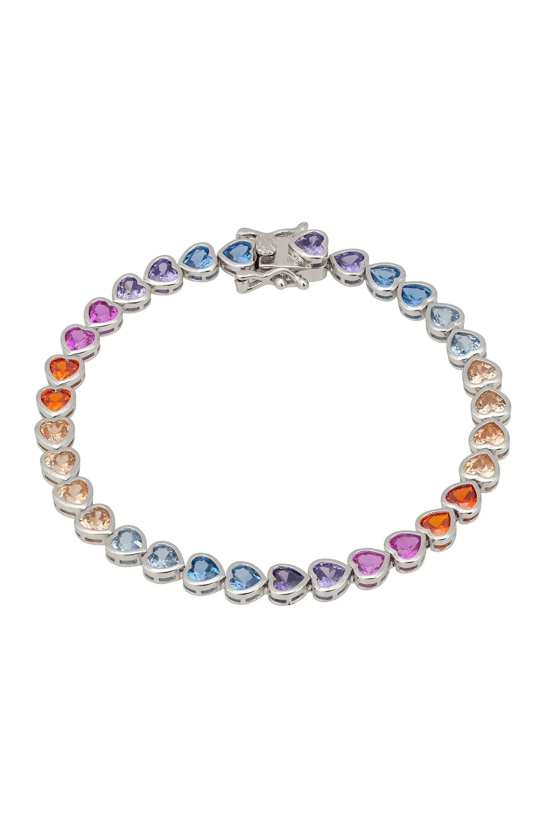 Silver heart tennis bracelet with multicolored faceted stone links