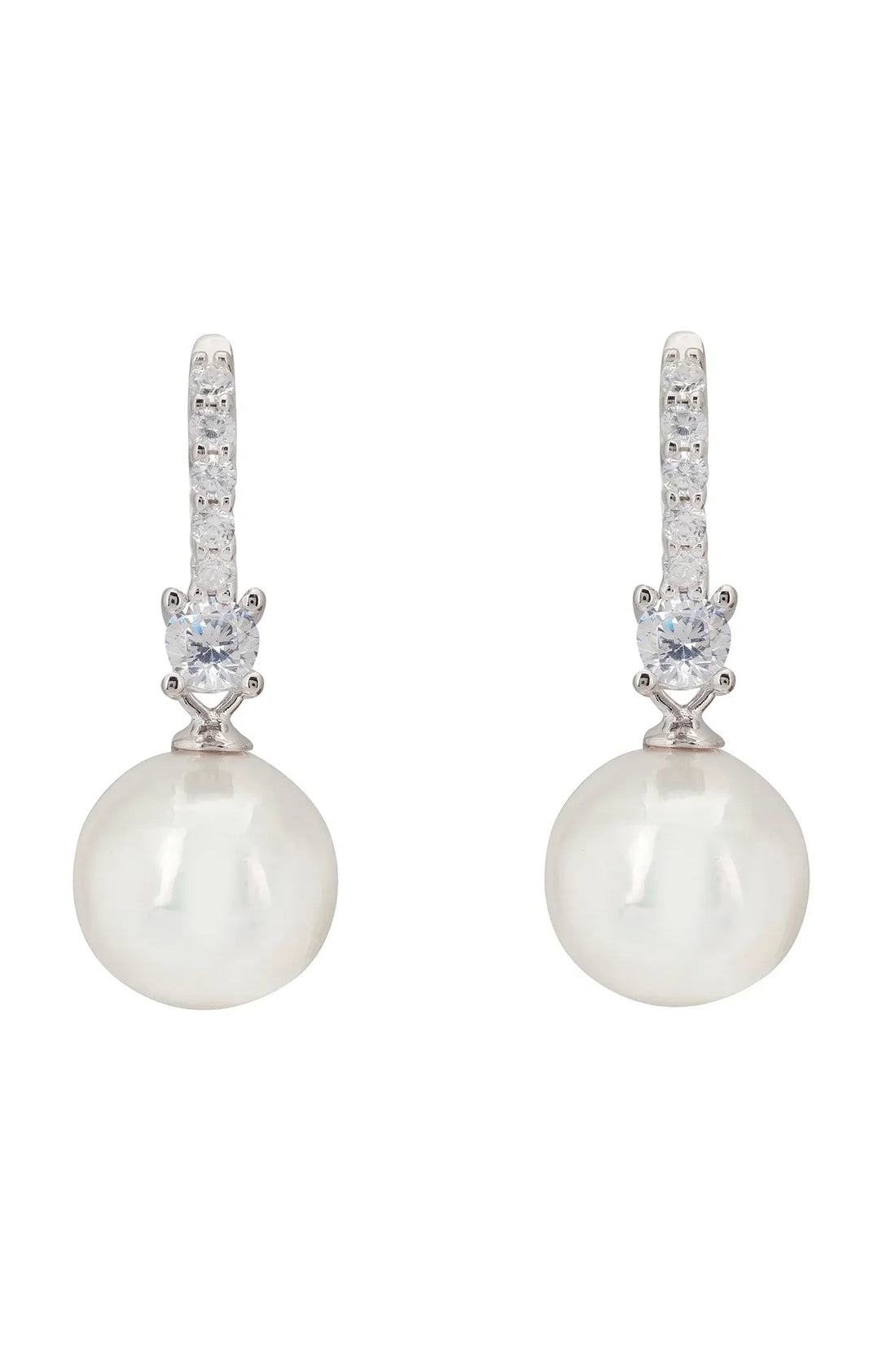 Pearl hoop earrings in silver with clear stones and large round pearl drops