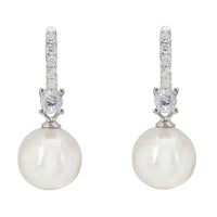 Pearl hoop earrings in silver with clear stones and large round pearl drops