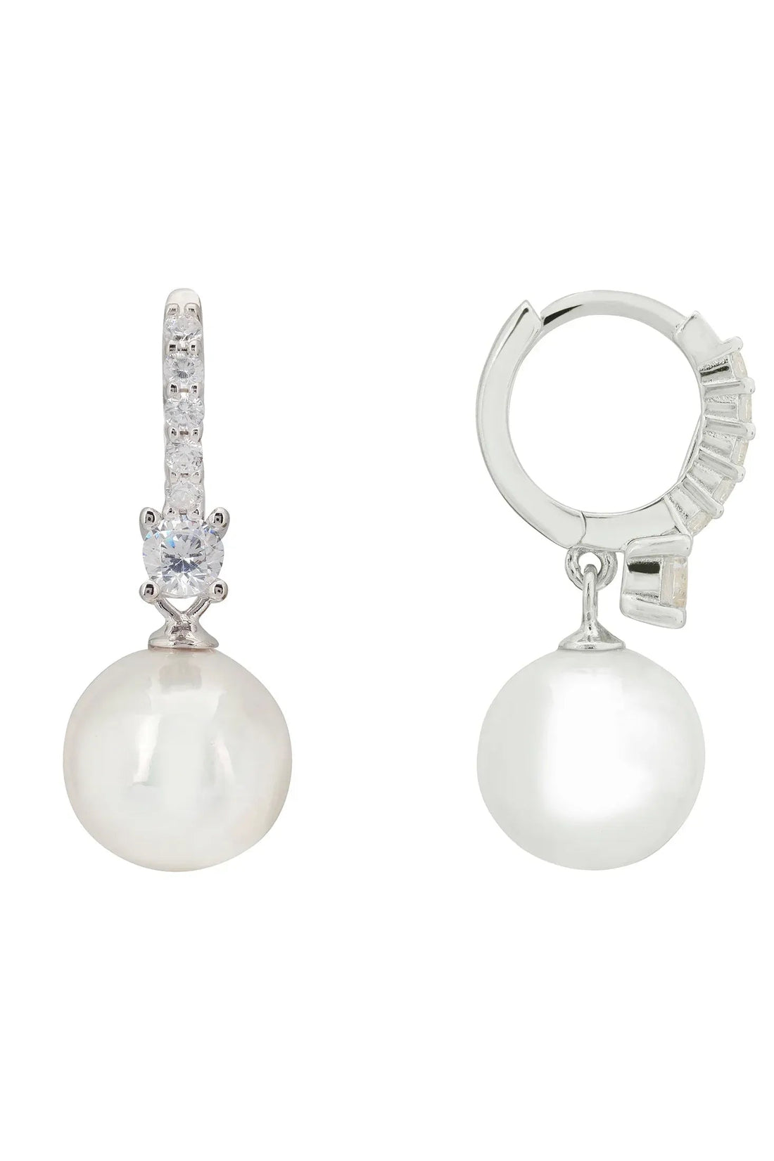 Silver hoop earrings with pearl drops and pavé detail
