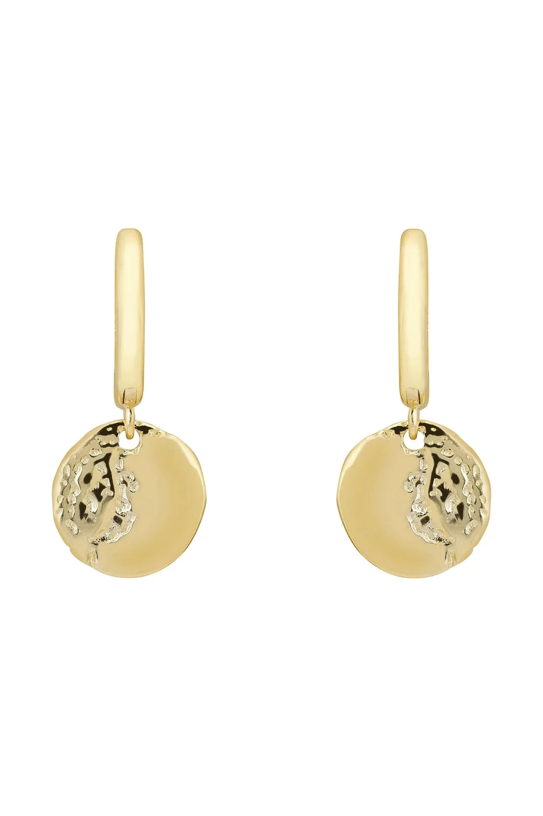 Gold huggie hoop earrings with round coin charm and moon/star engraving