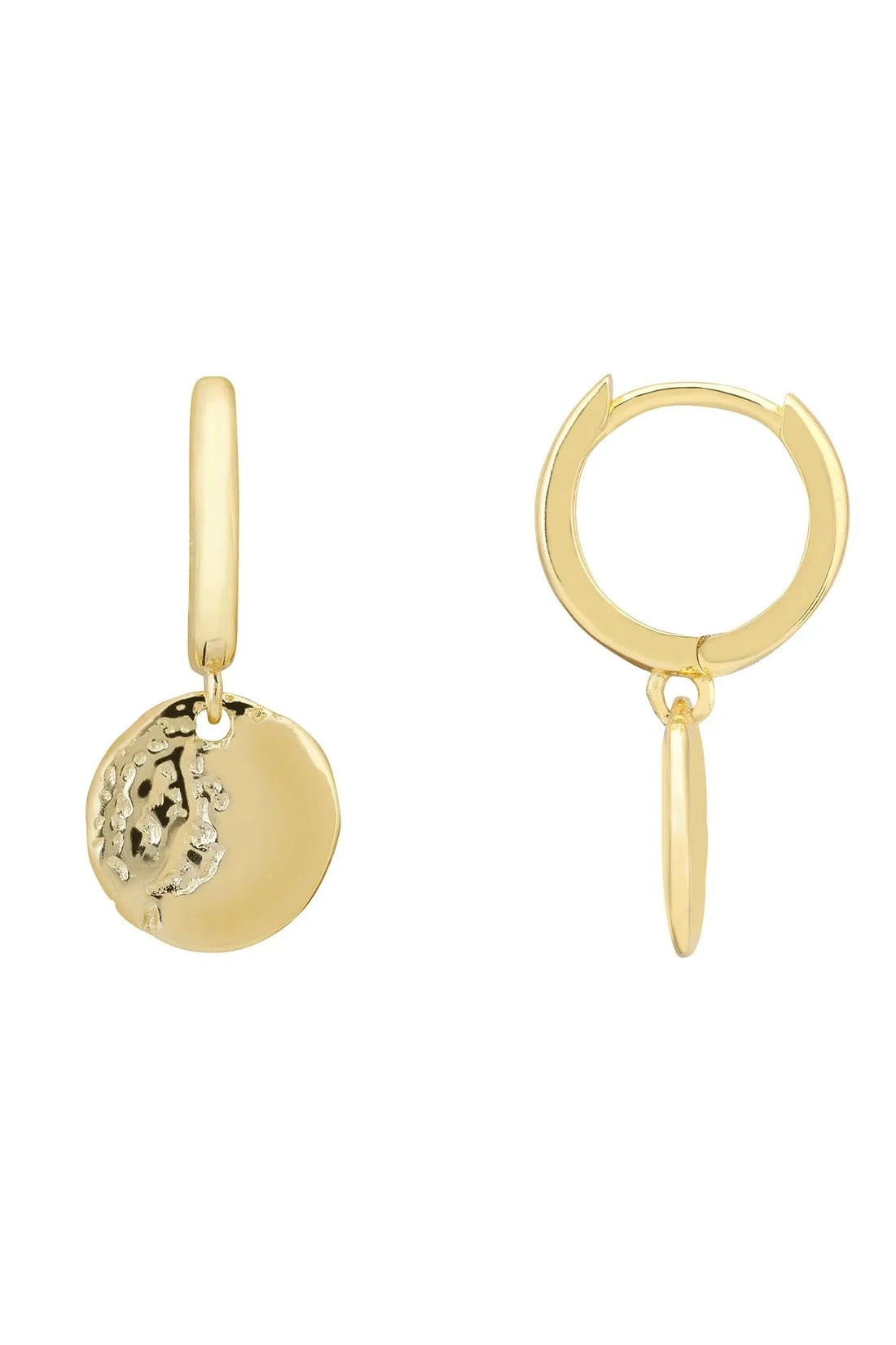 Gold huggie hoop earrings with round pendant charm on small hoop