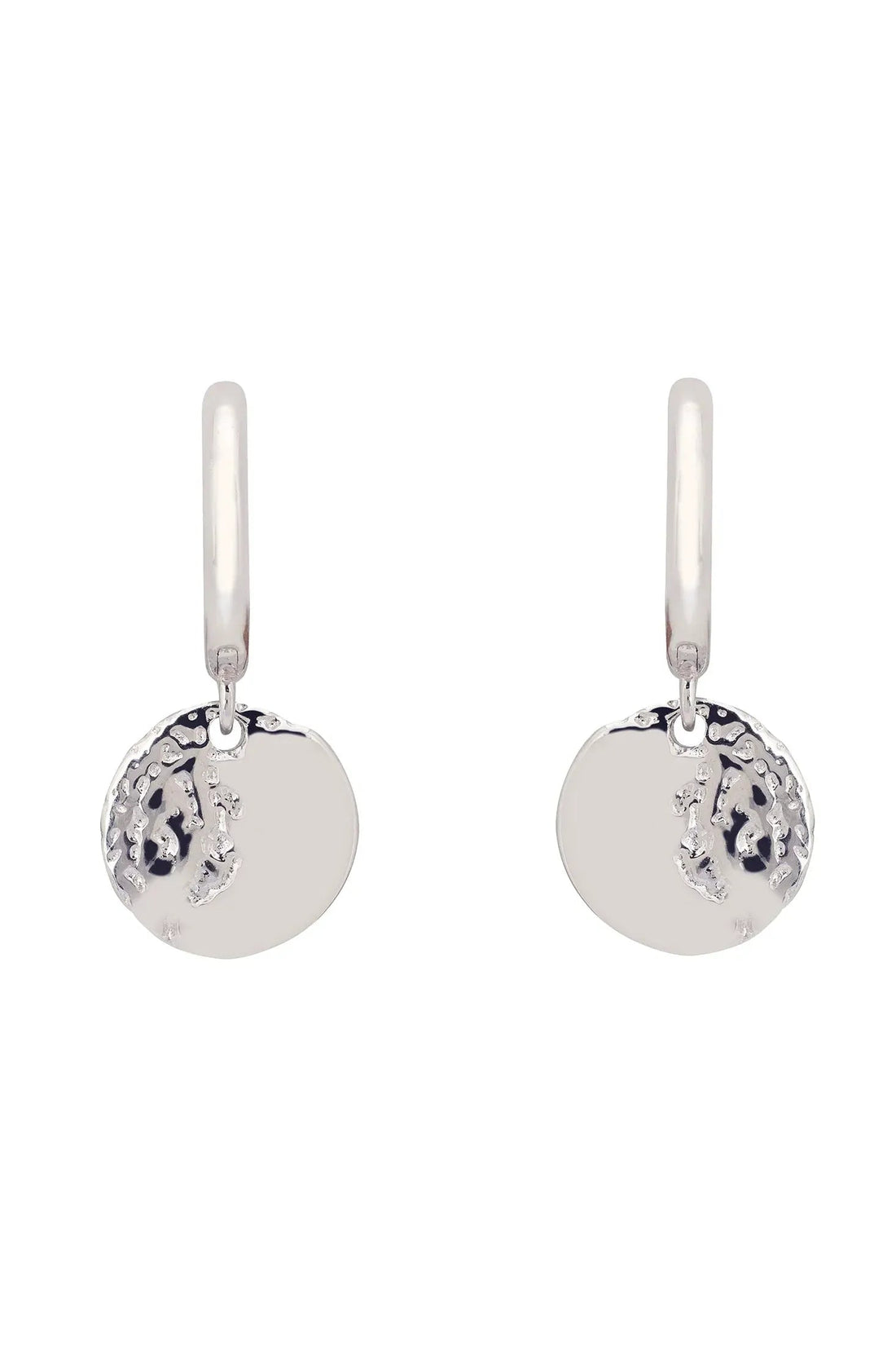 Silver moon huggie hoop earrings with round charm detail