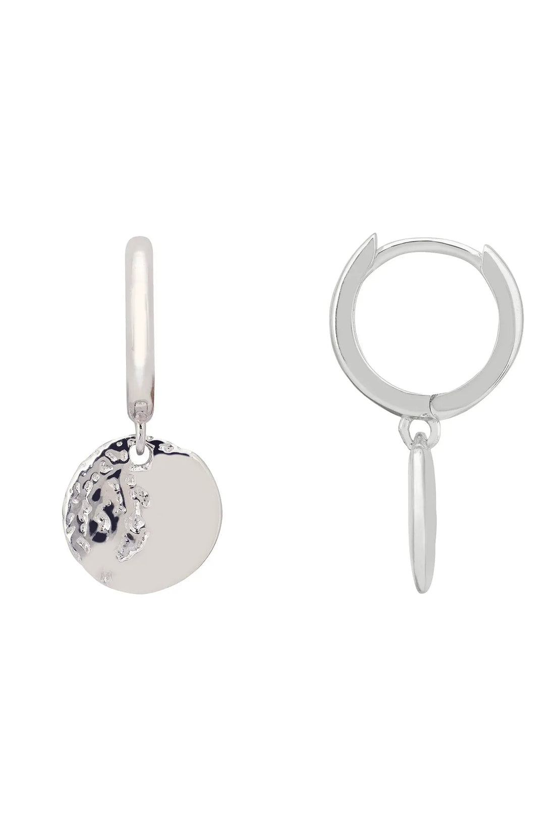 Silver huggie hoop earrings with round moon charm and small dangling drop