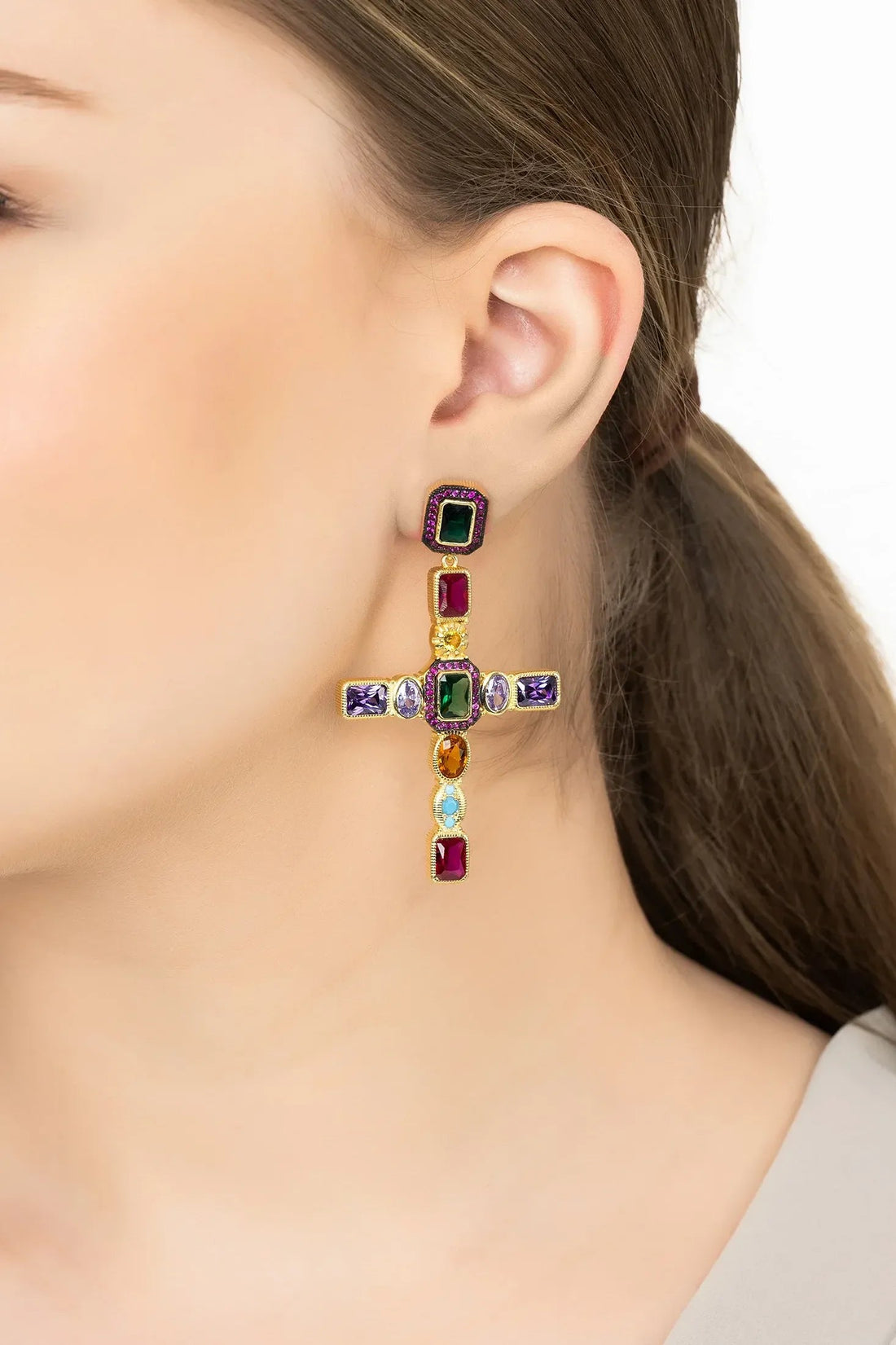 Maria Extra Large Gemstone Fashion Earrings Gold (Cross)-1