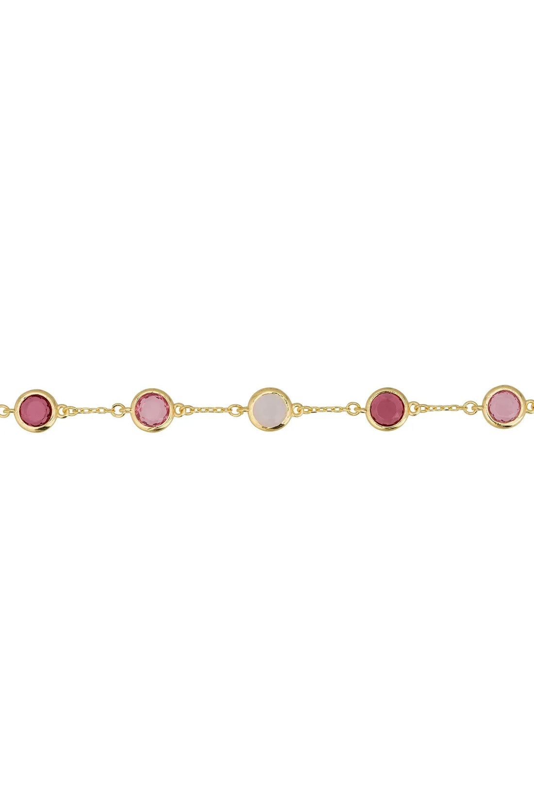 Gold chain bracelet with alternating pink and pale gray oval charms