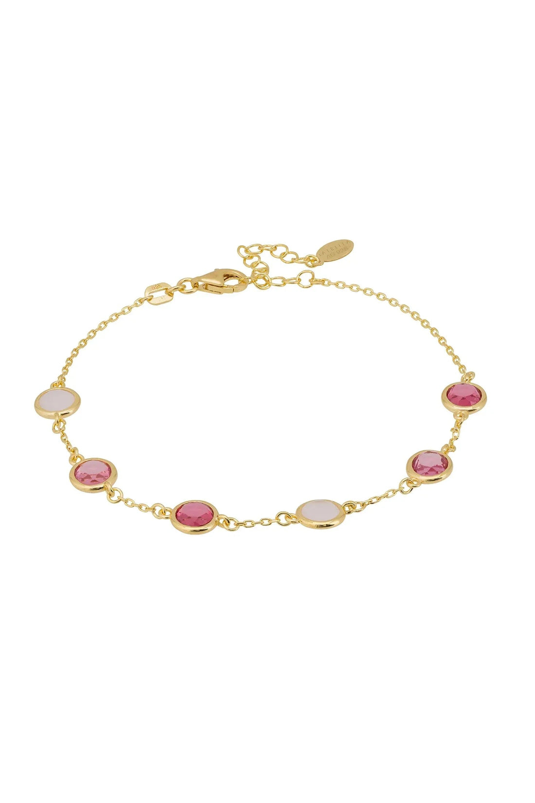Gold charm bracelet with alternating oval pink and pale gray stones