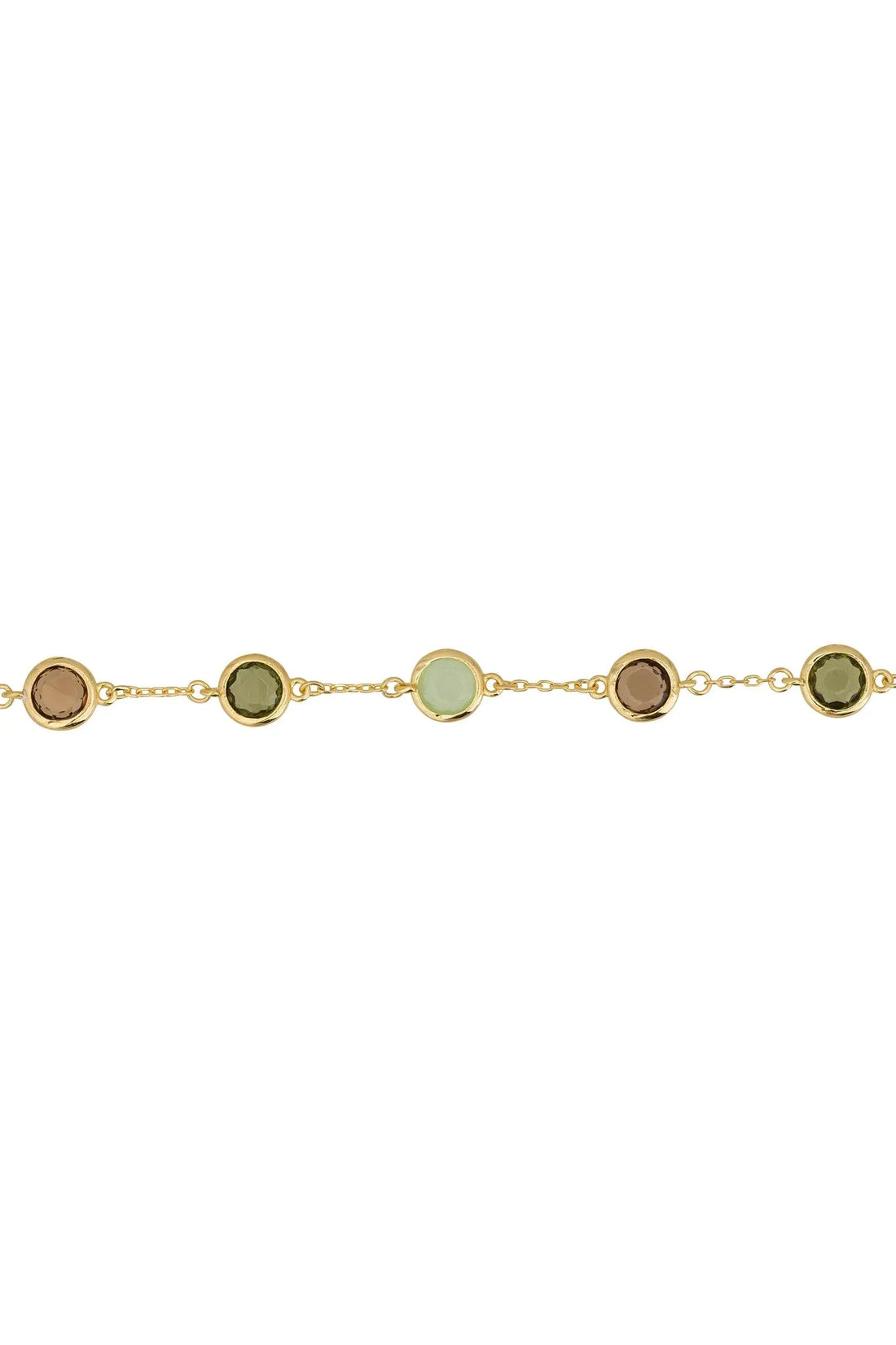 Gold bracelet with linked oval charms in green and brown enamel