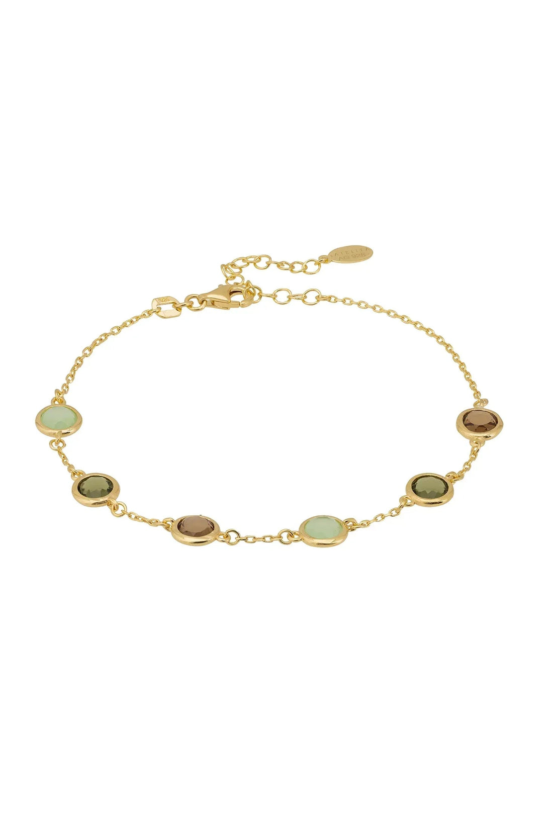 Gold link bracelet with oval green and brown enamel charms