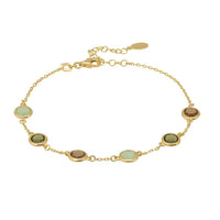 Gold link bracelet with oval green and brown enamel charms