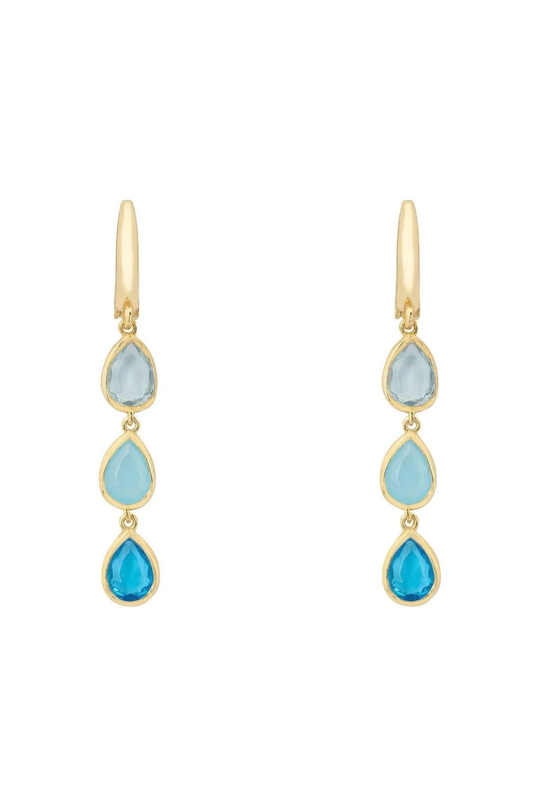 Gold triple teardrop earrings with three blue stones on each drop