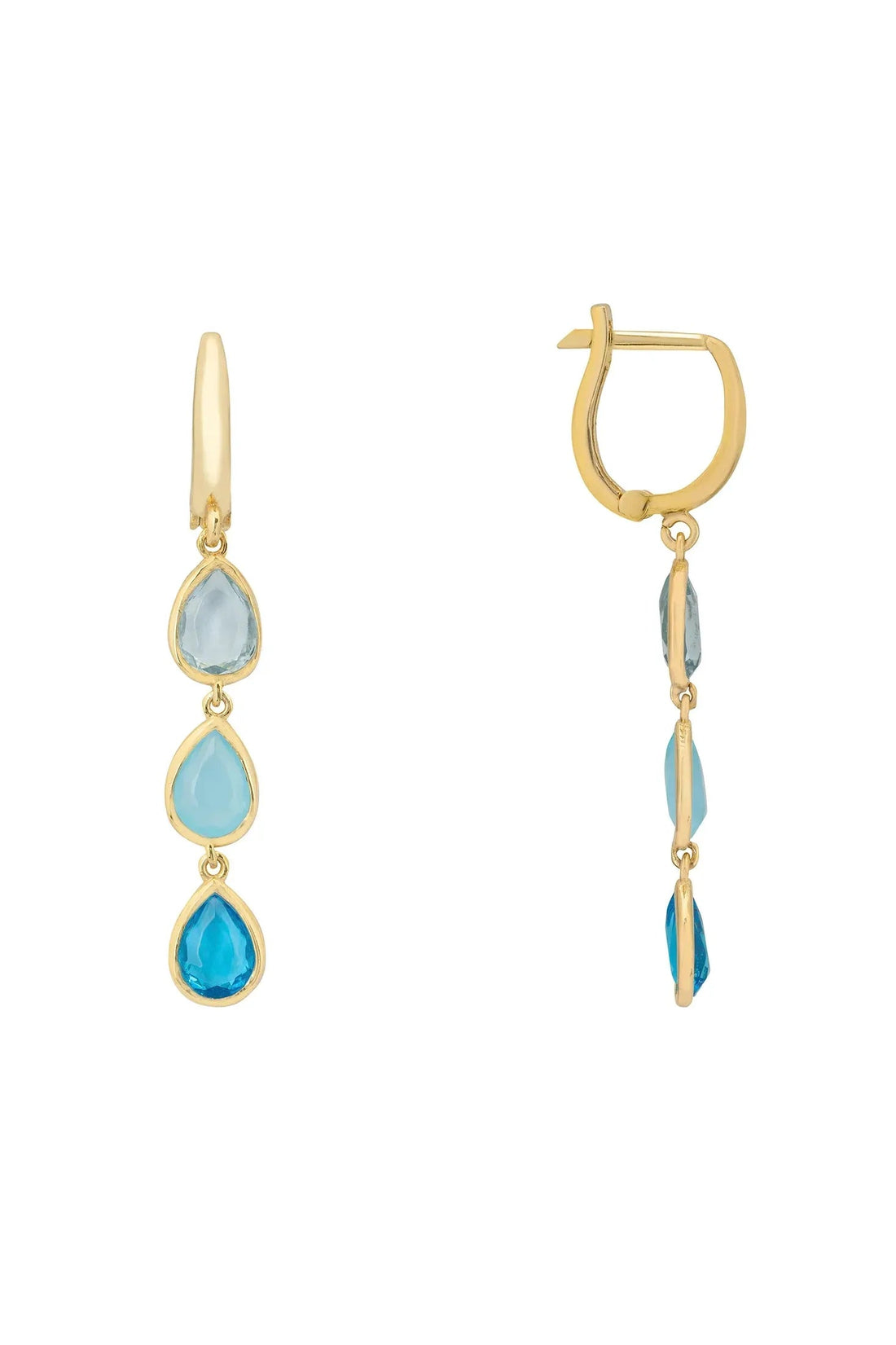 Gold triple teardrop earrings with stacked blue stones, shown as drop and hoop
