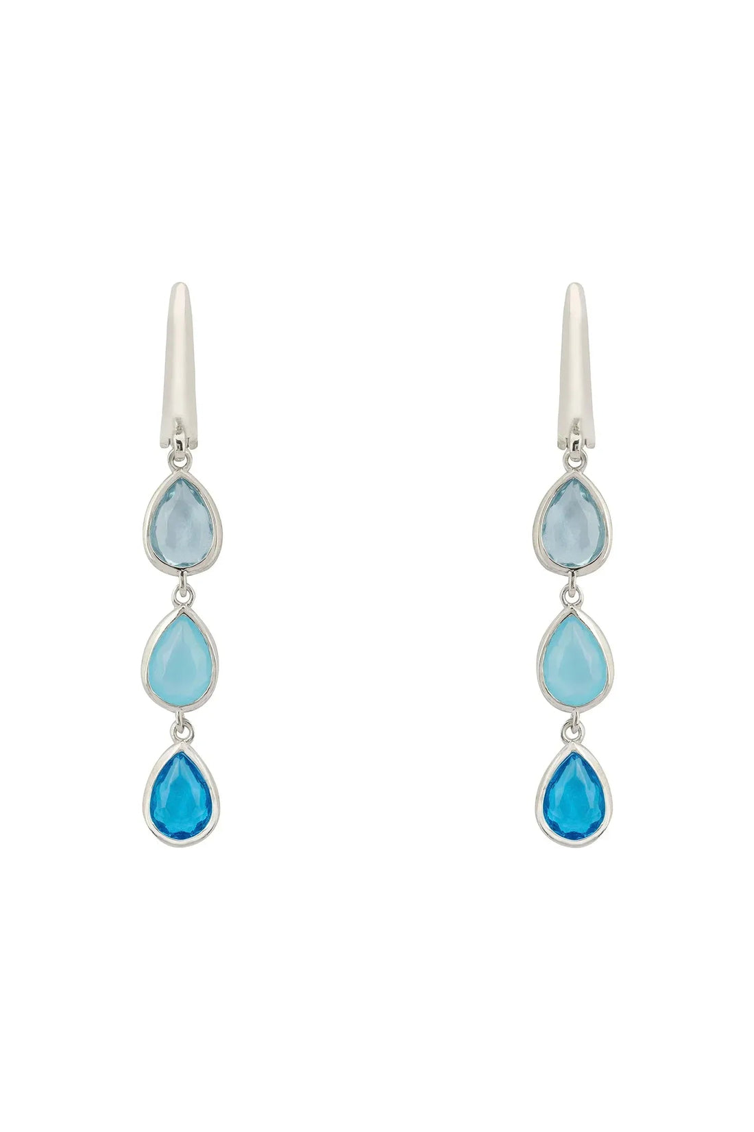 Silver triple teardrop earrings with three blue stone drops