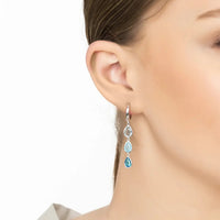 Silver triple teardrop earrings with light and dark blue stone drops