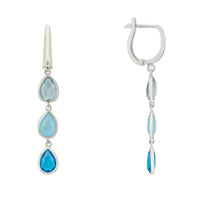 Silver triple teardrop earrings with three blue stone drops and hoop closure