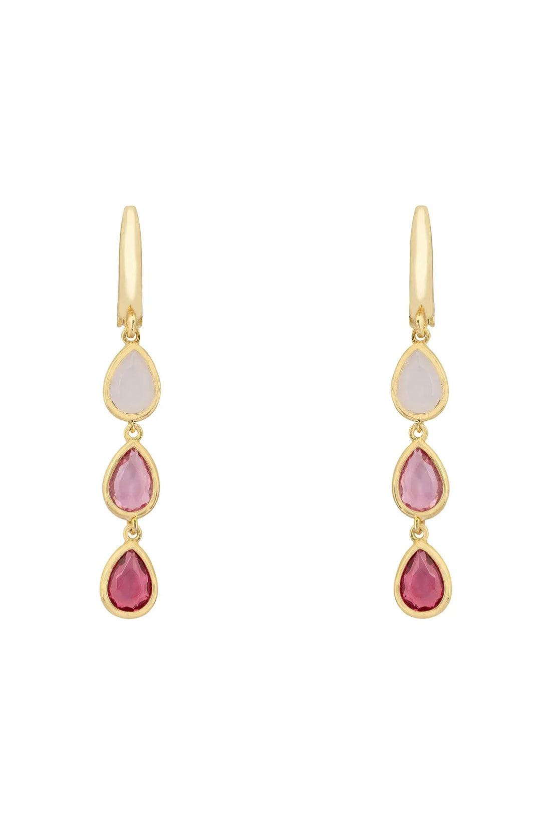 Gold triple teardrop drop earrings with pink and lilac stones