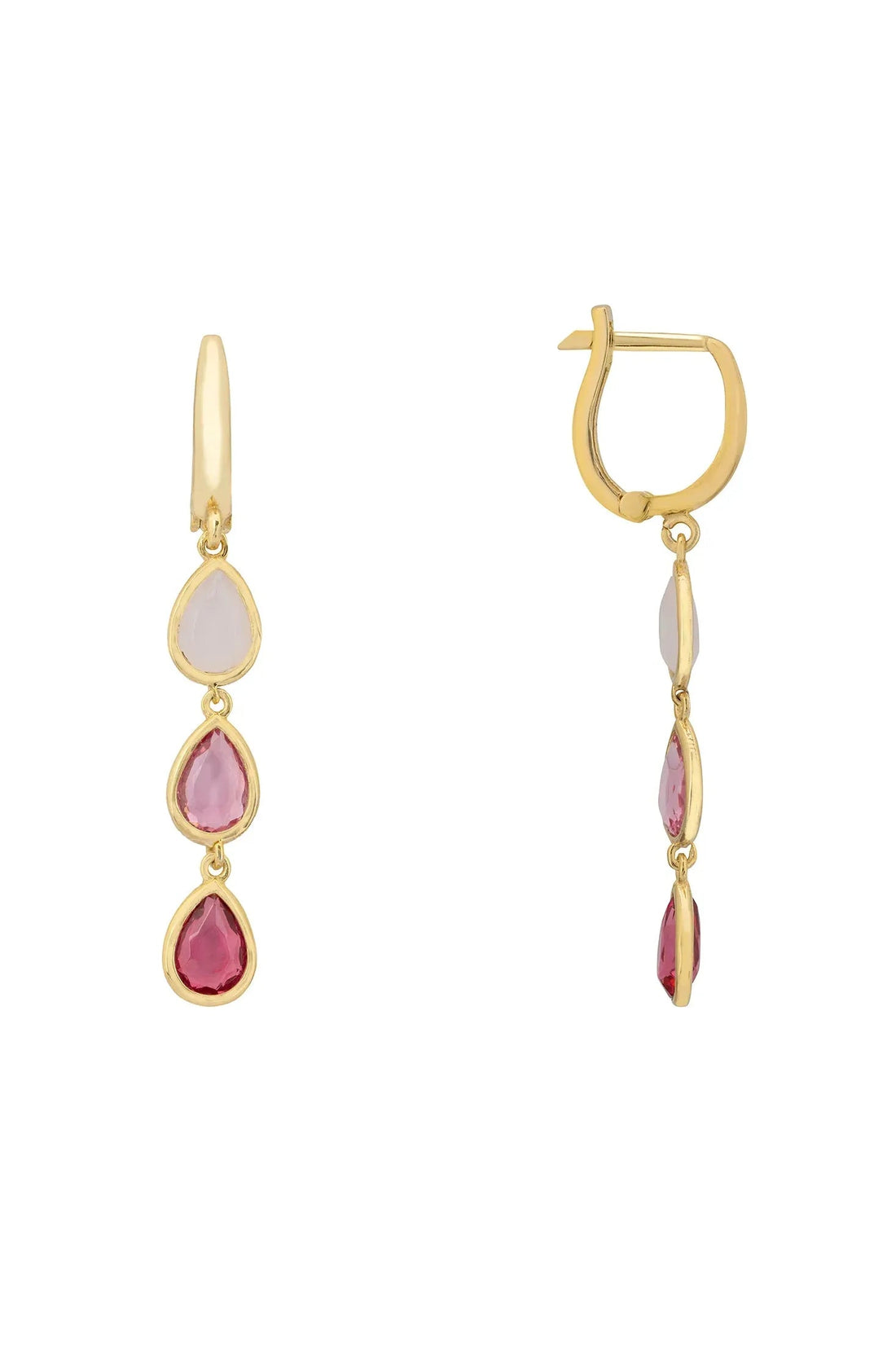 Gold triple teardrop drop earrings with pink and lilac stones, back view