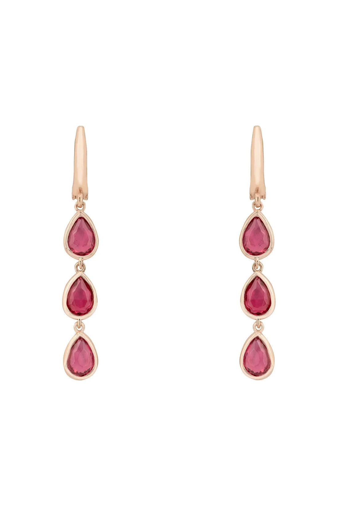 Rose gold triple teardrop earrings with three pink tourmaline drops