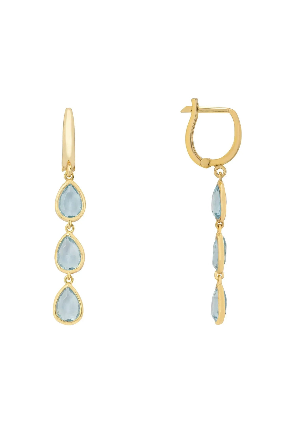 Gold triple teardrop blue topaz earrings with small hanging stones