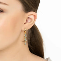 Gold triple teardrop blue topaz earrings on ear, side view