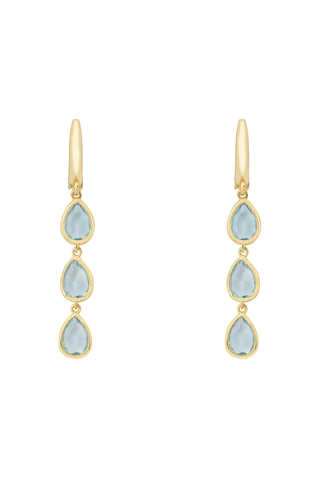 Gold teardrop earrings with three blue topaz stones, dangling on small hooks