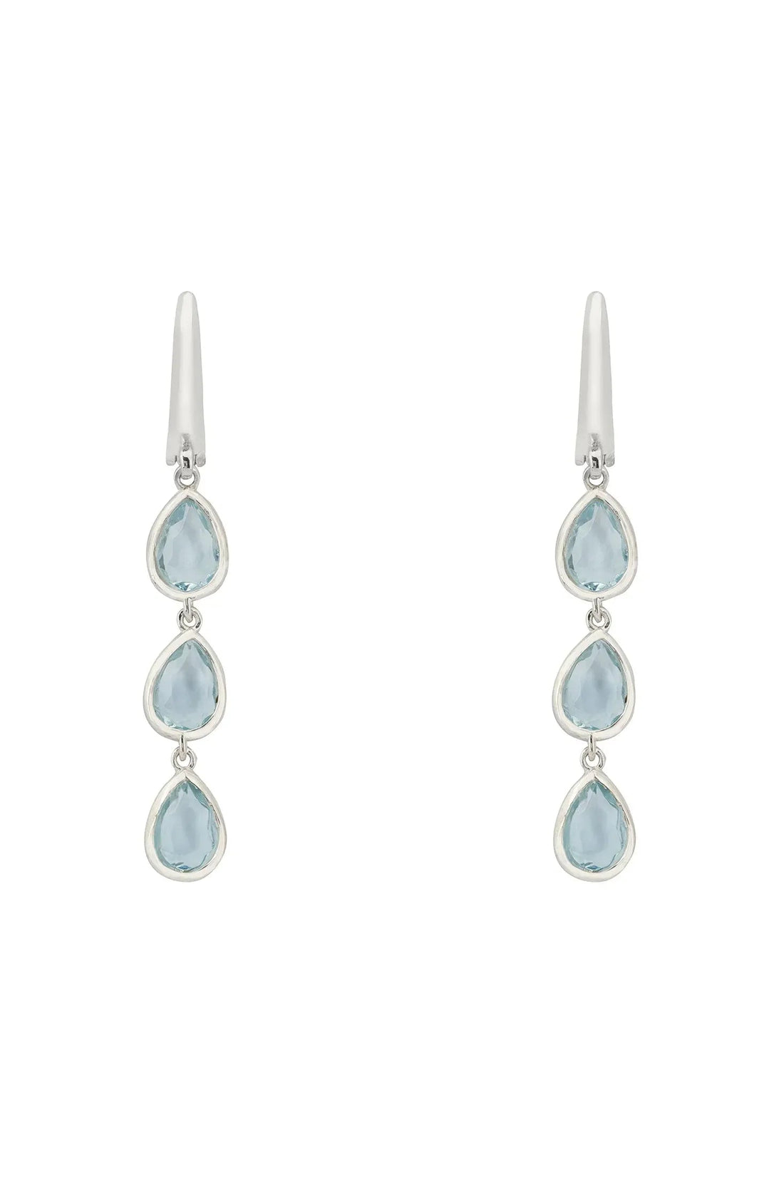 Silver triple teardrop earrings with three blue topaz stones