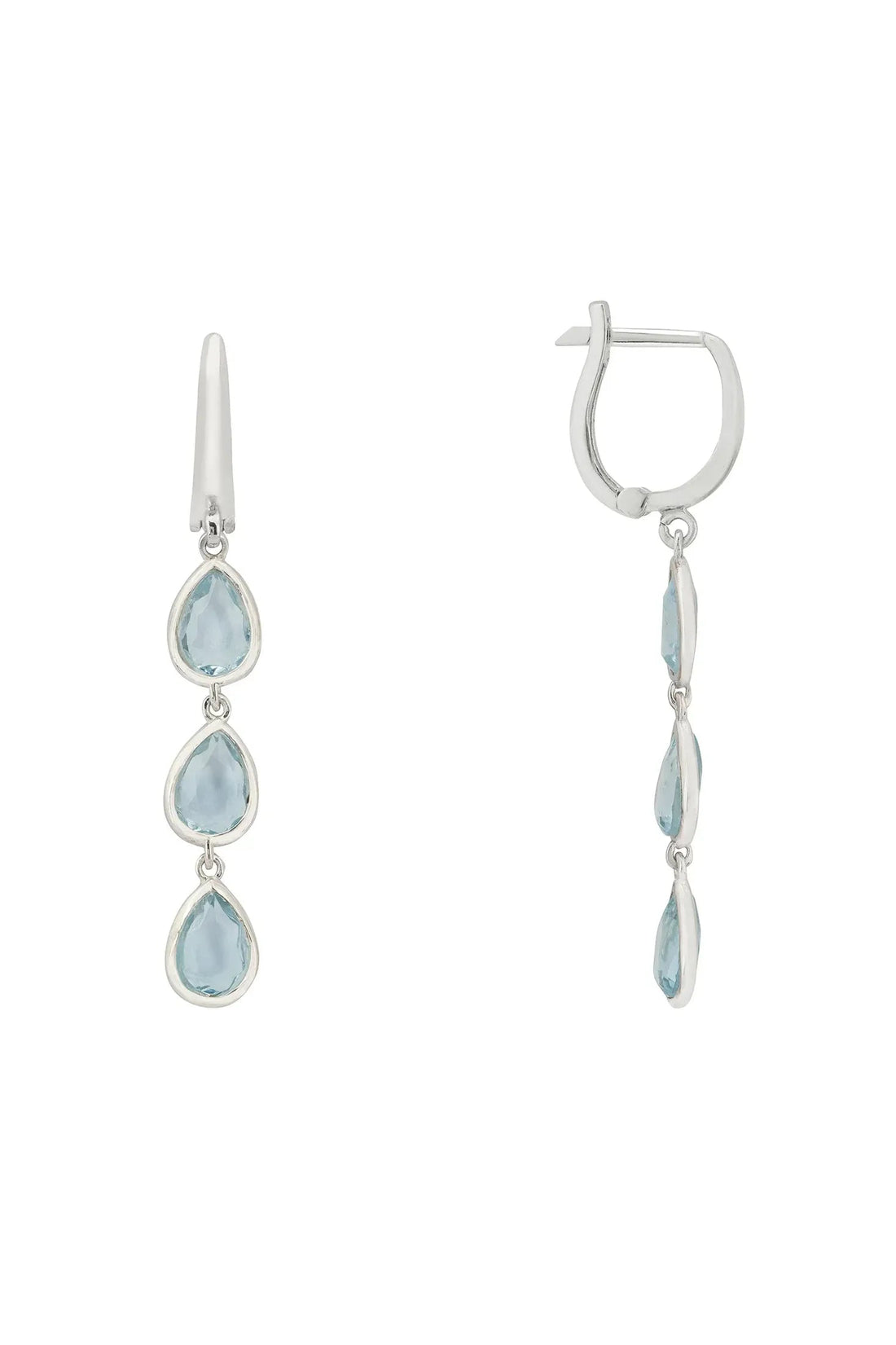 Silver triple teardrop earrings with three blue topaz stones, side view