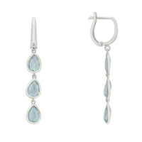 Silver triple teardrop earrings with three blue topaz stones, side view