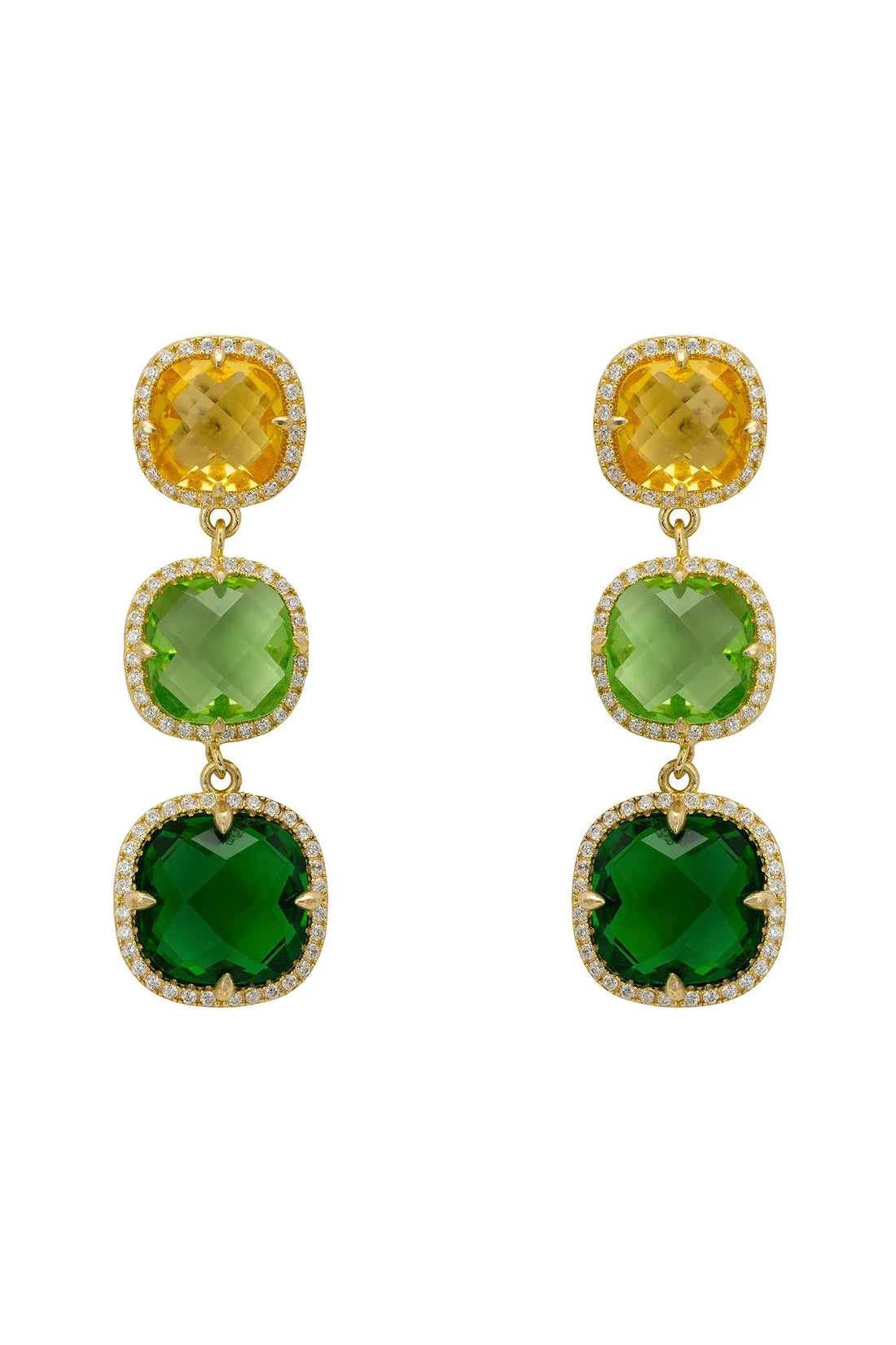 Gold-tone drop earrings with three round green and yellow jeweled discs