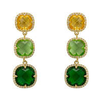 Gold-tone drop earrings with three round green and yellow jeweled discs