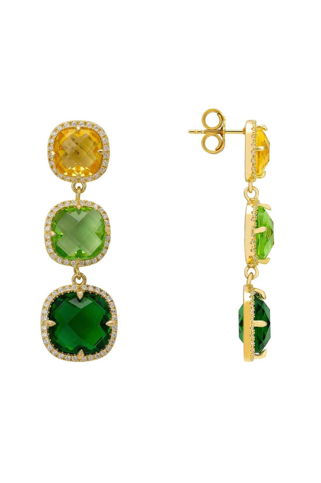 Gold-tone side view of stacked round yellow and green gemstone drop earrings