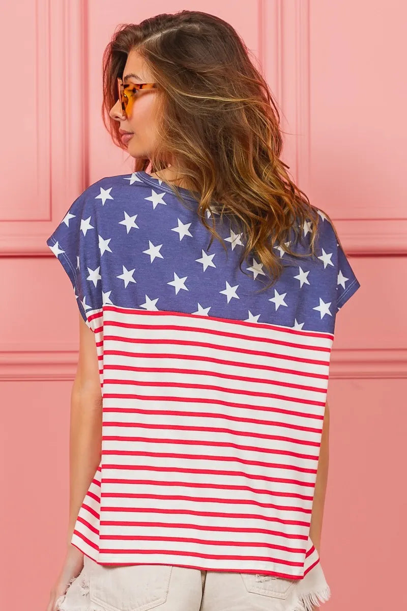 Back view of navy star and red striped short-sleeve top, crew neckline
