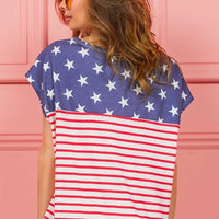 Back view of navy star and red striped short-sleeve top, crew neckline