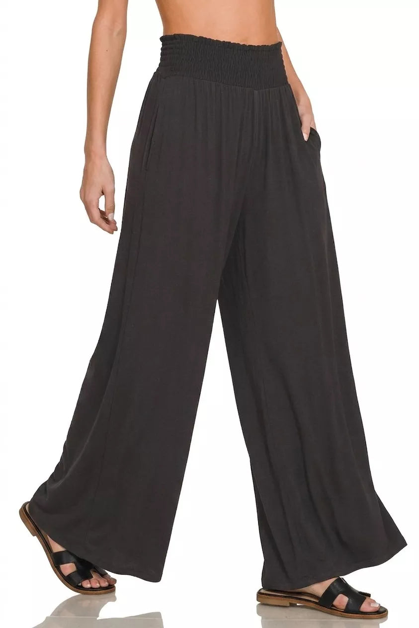 Black smocked-waist wide-leg palazzo pants, full length relaxed fit