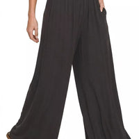 Black smocked-waist wide-leg palazzo pants, full length relaxed fit