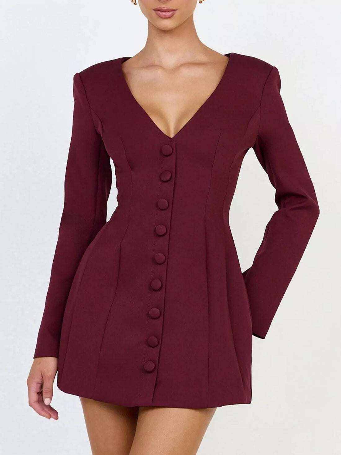 Wine red blazer dress with deep V-neck, long sleeves, and button front