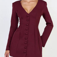 Wine red blazer dress with deep V-neck, long sleeves, and button front
