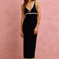 Black knit bodycon maxi dress, sleeveless with oatmeal stripe and tie detail