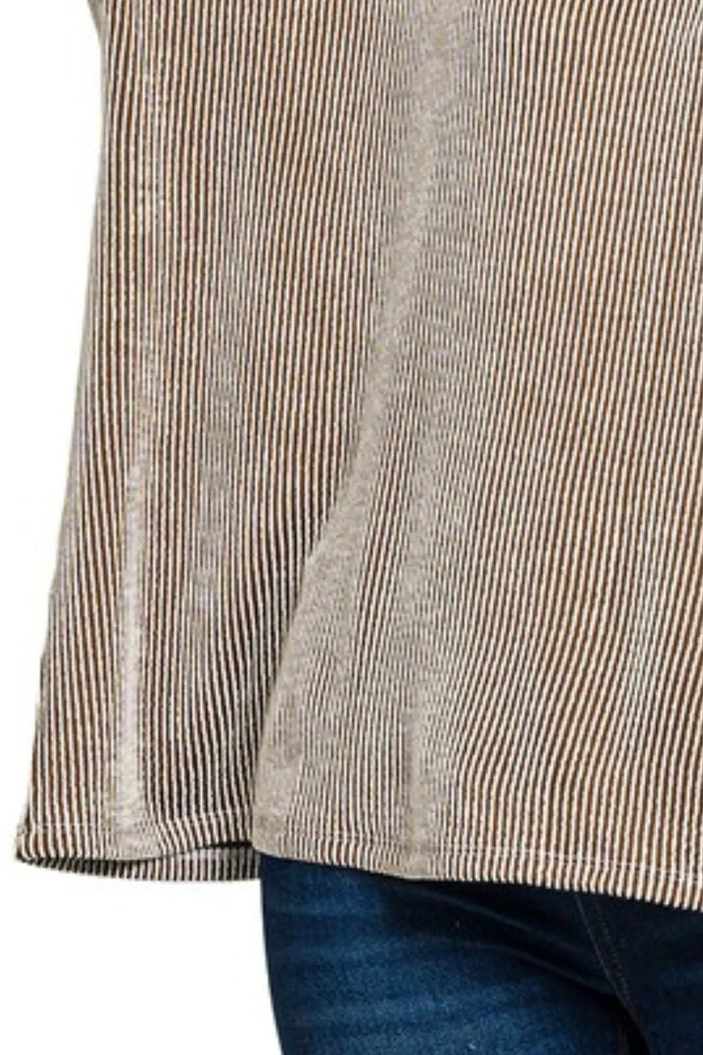Striped oversized short-sleeve top with side drape and straight hem, brown-and-cream