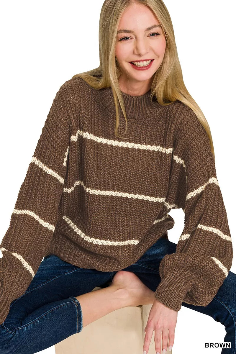 Brown striped oversize sweater with crew neck; thick knit with wide white stripes