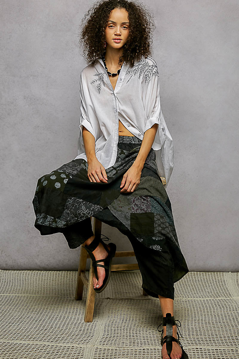 Ivory embroidered floral button-front high-low shirt with detailed front embroidery