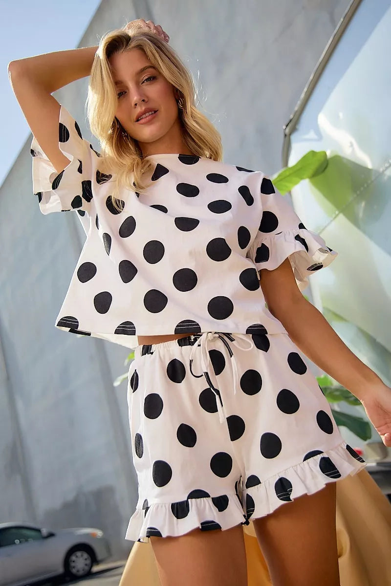 Ivory and black polka dot ruffle detail top and matching drawstring shorts set