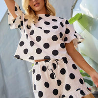 Ivory and black polka dot ruffle detail top and matching drawstring shorts set