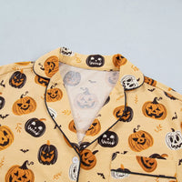 Gold Halloween pumpkin print long-sleeve top, notch collar with button placket