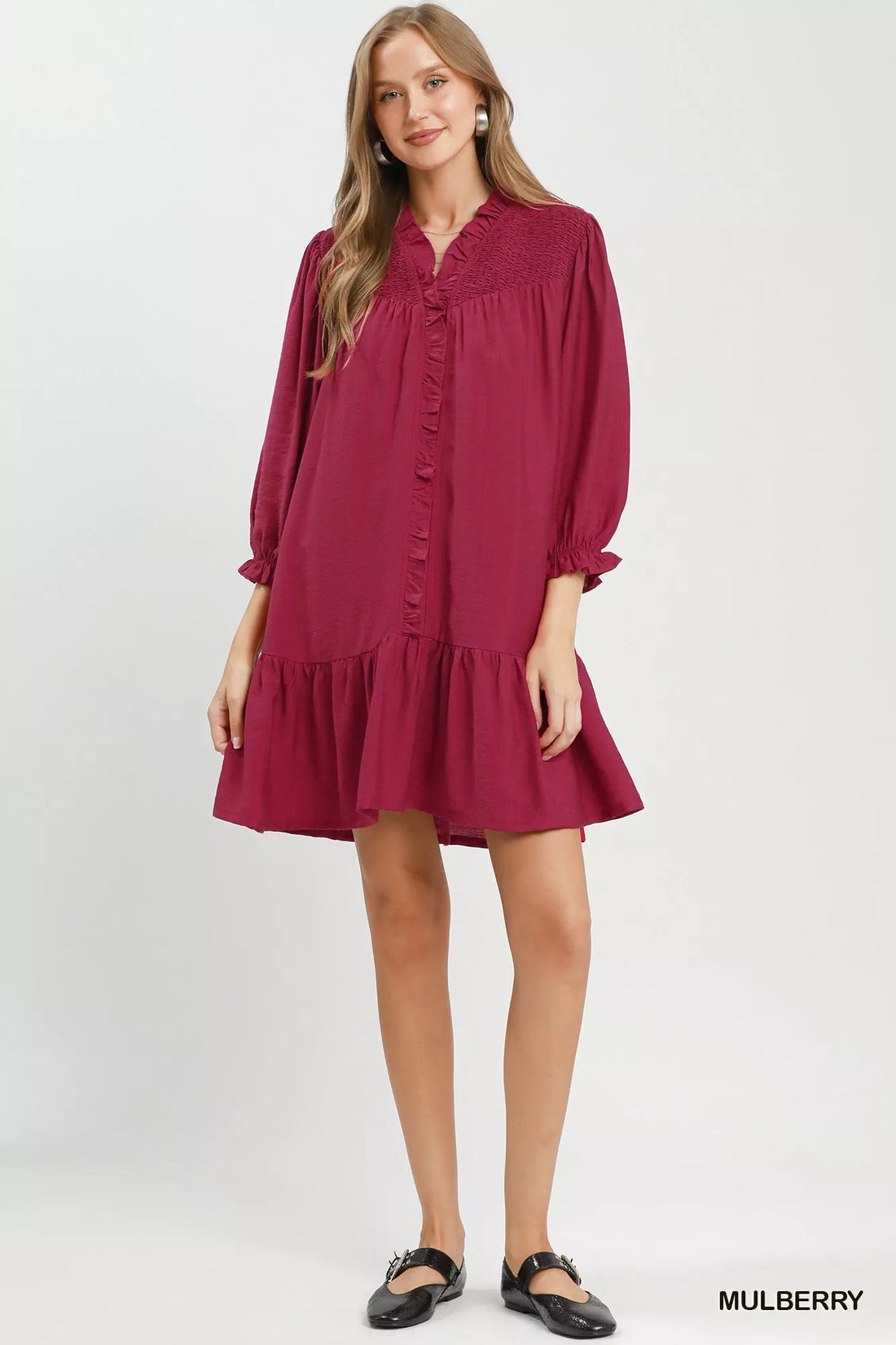 Mulberry tiered mini dress with smocked ruffle V-neck and long puff sleeves, full view